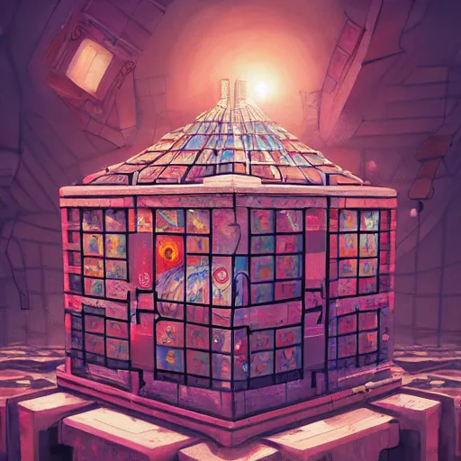 Prompt: a beautiful painting of an abandoned rubik's cube factory, inspired by cyril rolando, ornate, intricate, emitting light ornaments, volumetric lighting, cgsociety, terracotta red, very detailed, trending on artstation, 8 k