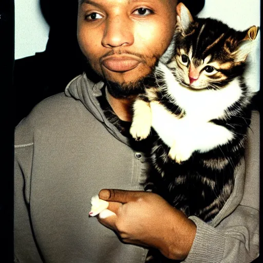 Image similar to 15mm wide-angle lens photo of a rapper in 1990 New York holding a kitten up to the camera