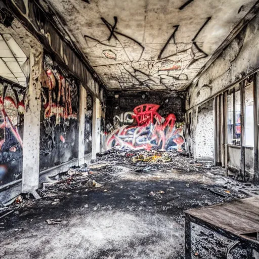 Image similar to the inside of an abandoned, burnt down pizza restaurant, dirt and ash littering the ground, graffiti on the walls, realistic hd photo