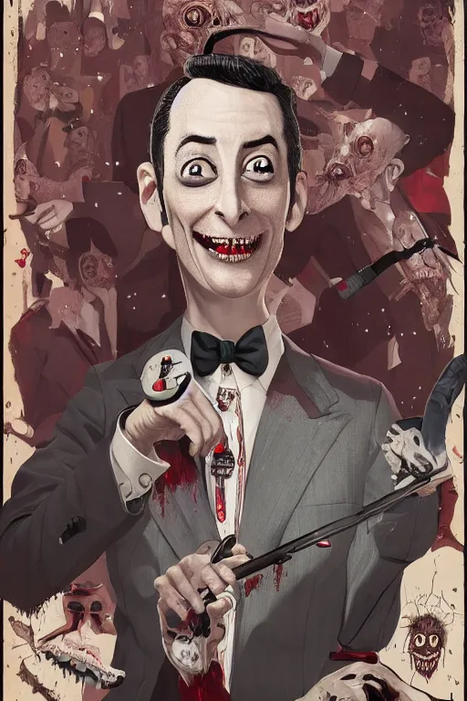 Image similar to pee wee herman in sleepy hollow, full body, big two toned eyes, teeth gritted, horror, intricate details, cinematic, epic, realistic, anatomy, tomer hanuka, uplight, artstation, photorealistic, scary