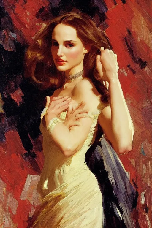 Image similar to elegant romantic portrait photo of natalie portman as iron man by greg manchess, mucha, william adolphe bouguereau, john singer sargent, sorolla, winslow homer, dean cornwell, james gurney, kilin eng, ilya repin, alfred cheney johnston