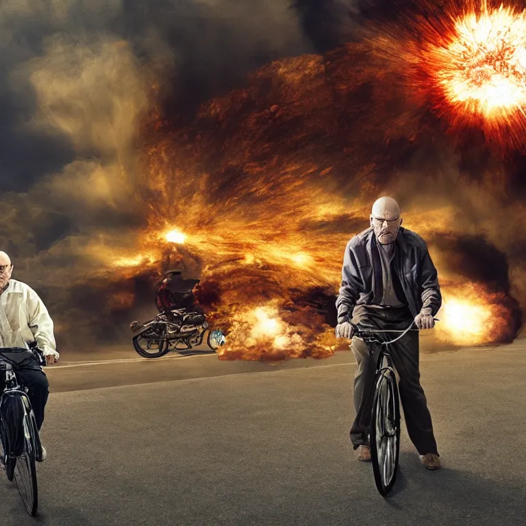 Image similar to photo of walter white riding a bike with an exploding building behind him, color, cinematic lighting