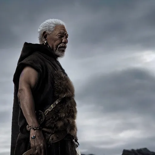 Image similar to profile photo of morgan freeman in a dark viking hood playing odin all father from the thor movie, highly detailed, cinematic shot, cinematic lighting, 8 k, exquisit facial detail