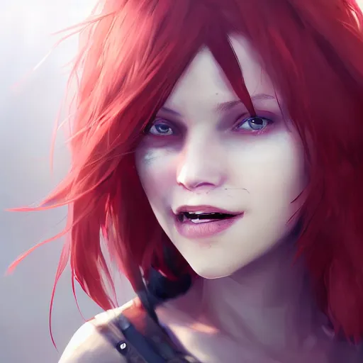 Image similar to a red haired girl with an eyepatch smiling, digital art, 8 k resolution, unreal engine, highly detailed, pretty face, very beautiful face, sharp teeth, curvy teeth, very detailed eyes, photorealistic by wlop, greg rutkowski