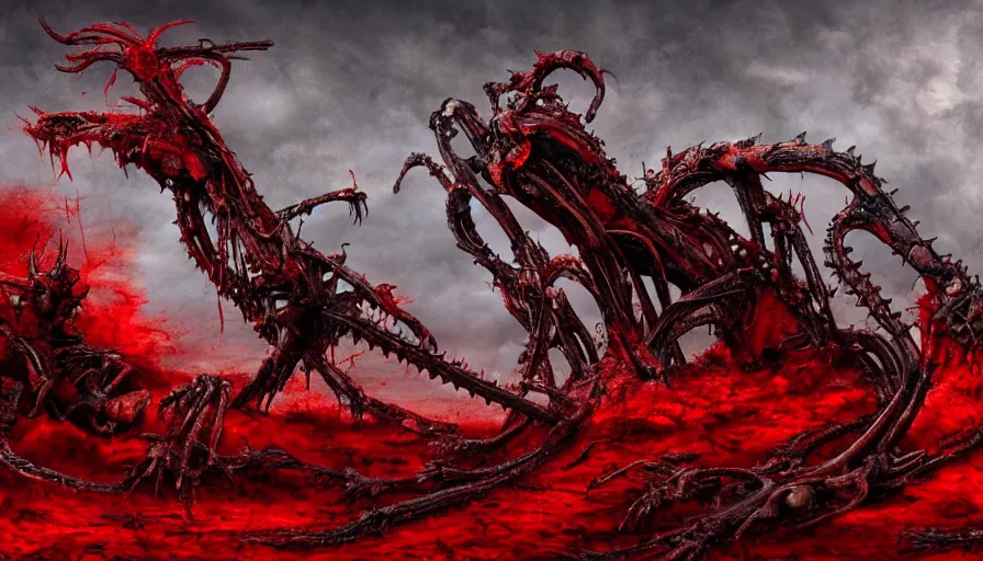 Image similar to landscape artwork of two demons hugging each other emerging from corpses in a red hellscape by Yoshitaka Amano, by HR Giger, full body wide shot, biomechanical, 4k, hyper detailed, hyperrealism, anime, red sky, blood and body parts, deviantart, artstation