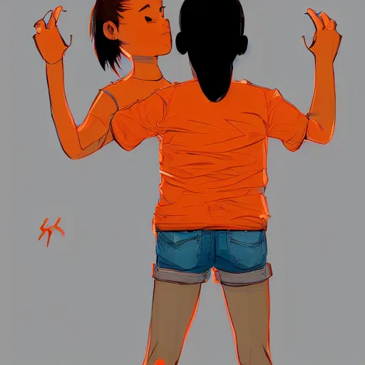 Image similar to man in orange t - shirt hugging girl, vivid colors, character sheet, fine details, concept design, contrast, kim jung gi, greg rutkowski, trending on artstation, 8 k, full body, turnaround, front view, back view, ultra wide angle