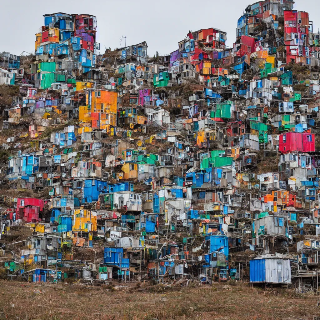 Prompt: two towers made up of colourful makeshift squatter shacks separated by vertical spaces, dystopia, sony a 7 r 3, f 1 1, fully frontal view, photographed by jeanette hagglund