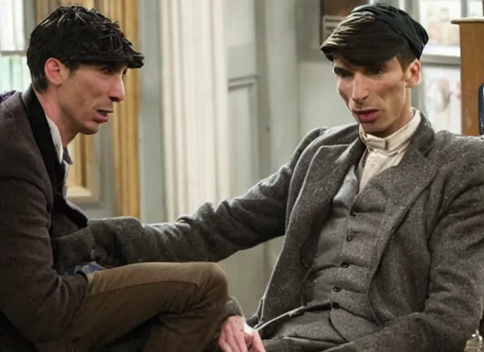 Prompt: Thomas Shelby (portrayed by Cillian Murphy) shoots Ross Geller ( portrayed by David Schwimmer) in an episode of TV sitcom Friends.