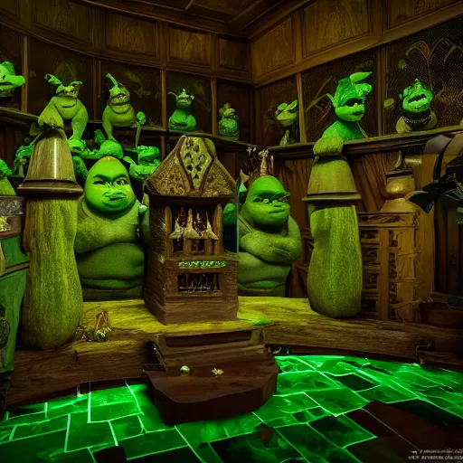 Image similar to inside of a shrek worshipping sanctuary, ornate, beautiful, green, get outta me swamp, shrek statues, shrek is love shrek is life, extremely detailed, octane render, shrek worship, ray traced, post processing, octane render