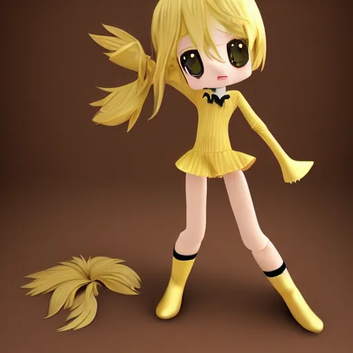 Image similar to cute fumo plush of a girl in gold and black who is energetic, anime girl, stylized rendering, vray