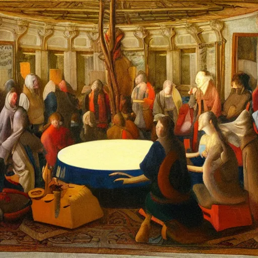 Prompt: A beautiful painting of a group of people standing around a circular table. In the center of the table is a large, open book. The people in the painting are looking at the book with interest and appear to be discussing its contents. oil and canvas, cyberpunk, avant garde by Jean Fouquet 8k