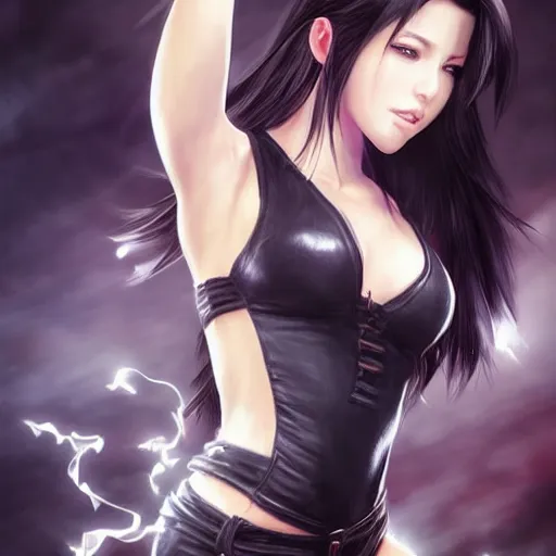 Prompt: gorgeous tifa with long soft hair in the style of stefan kostic, realistic, full body shot, wide angle, sharp focus, 8 k high definition, insanely detailed, intricate, elegant, art by stanley lau and artgerm, floating embers
