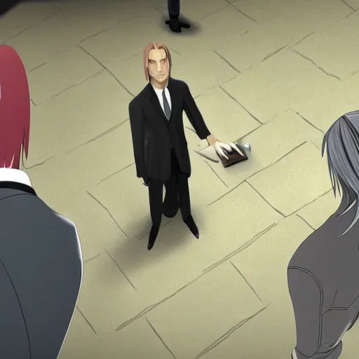 Prompt: saul goodman standing next to sephiroth from final fantasy in court, low angle