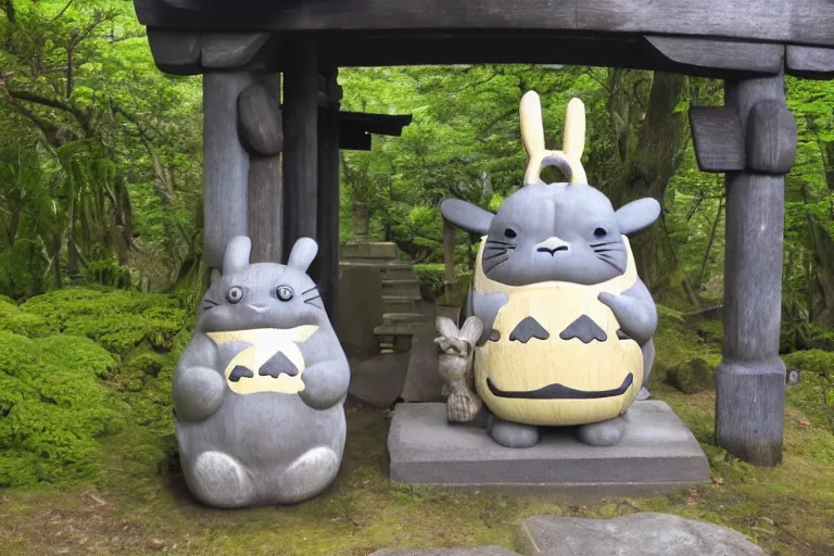 Prompt: shinto shrine statue of totoro in a wooden shrine