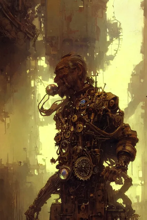 Prompt: crooked and broken old man in a steampunk mechanical suit portrait dnd, painting by gaston bussiere, craig mullins, greg rutkowski, yoji shinkawa