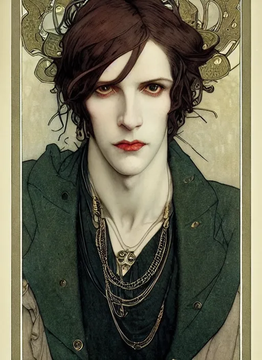 Image similar to edmund dulac, leyendecker, highly detailed portrait, a beautiful androgynous sebastian michaelis, long hair, tall and thin, wearing several pendants, art nouveau, stephen bliss, unreal engine, by greg rutkowski, loish, ferdinand knab, ilya kuvshinov, rossdraws, tom bagshaw, alphonse mucha, global illumination, radiant light