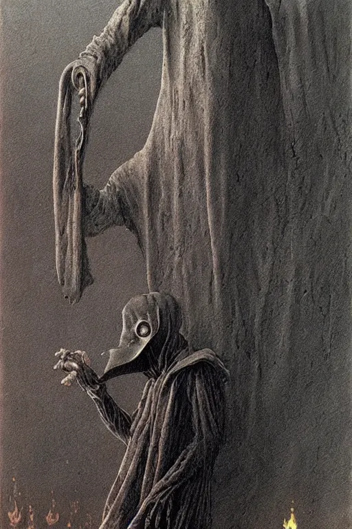 Image similar to plague doctor from iron gridle but human form, destroyed city and flames by zdzislaw beksinski, color