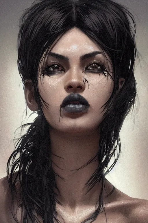 Prompt: woman with sleak outsider rebel style cloth, tatoo spiky black hair and dark skin, profile , backlight, dramtic lighting, amber eyes, long thin scar on her face. highly detailed, digital painting, artstation, concept art, sharp focus, beautiful face, expressive eyes, illustration, art by Artgerm and greg rutkowski and alphonse mucha