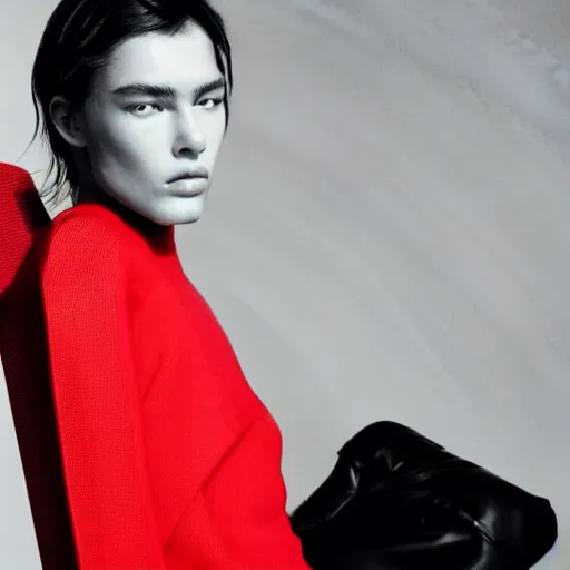 Prompt: close up of face of fashion model sitting on red chair, official jil sander editorial