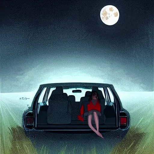 Image similar to Stunning Digital Art of a man and woman hiding inside of a car. Scared of werewolf howling at the moon outside by Stefan Koidl