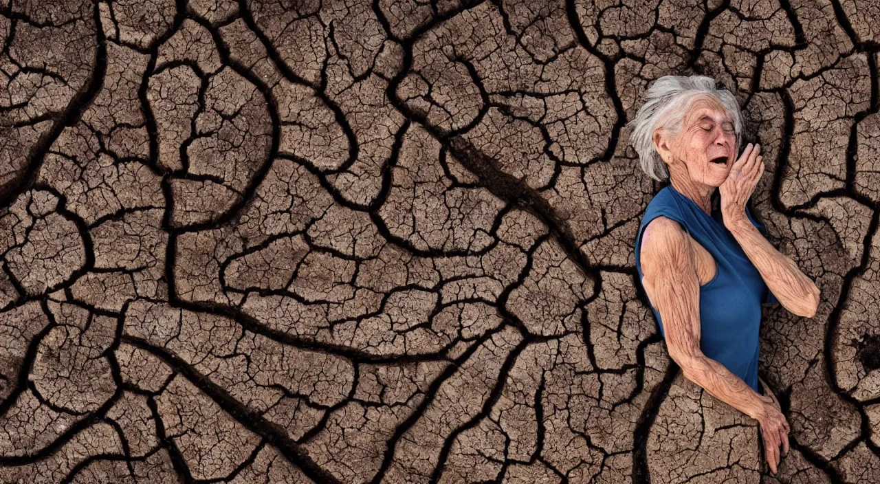 Image similar to close-up of a 65-year-old Gaia, crying calmly, facing the camera and standing in front of a dried up river in a desolate land, dead trees, blue sky, hot and sunny, highly-detailed, elegant, dramatic lighting, artstation, 4k, cinematic landscape, photograph by Elisabeth Gadd