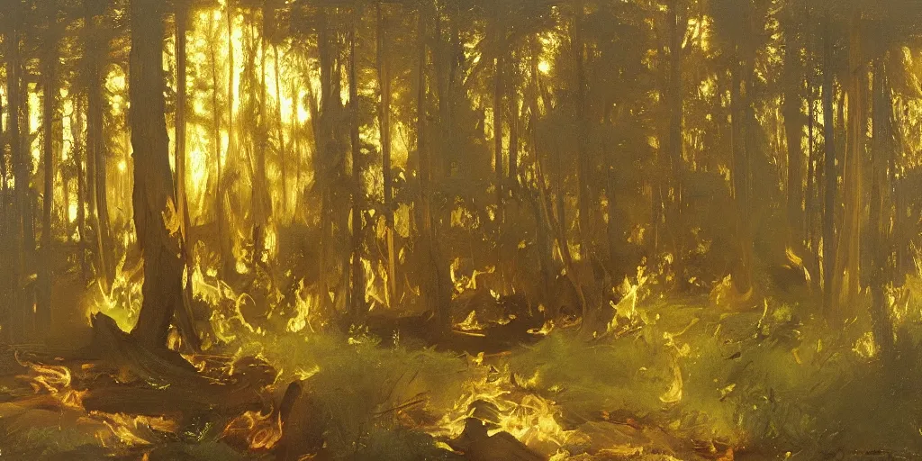 Image similar to forest fire artwork by eugene von guerard, john singer sargent