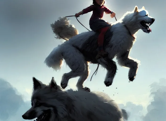 Image similar to comic book cover. heroic giant samoyed dog being ridden by a small young girl by greg rutkowski, trending on artstation