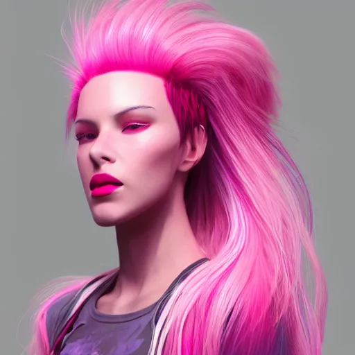 Prompt: Portrait of a woman with bright glowing strands of hair, pink dyed hair and a fringe, posing ready for a fight, artstation, cgsociety, masterpiece