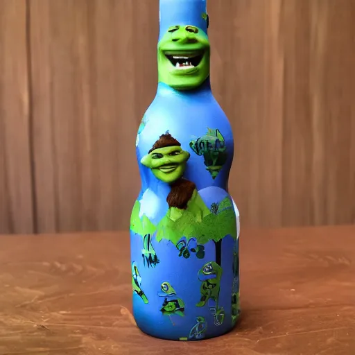 Image similar to a children's bottle inspired and themed by shrek's design, a bottle n the shape of shrek, high quality product, product design, sherek head design as a bottle,