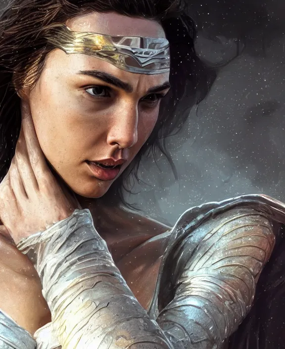 Prompt: gal gadot, pure white, au naturel, hyper detailed, digital art, radiant highlight, trending in artstation, cinematic lighting, studio quality, smooth render, unreal engine 5 rendered, octane rendered, art style by klimt and nixeu and ian sprigger and wlop and krenz cushart.