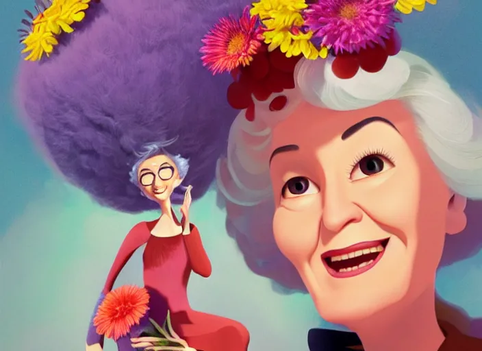 Image similar to pixar cartoon character of bea arthur being happy with her flowers. style by petros afshar, christopher balaskas, goro fujita, and rolf armstrong.