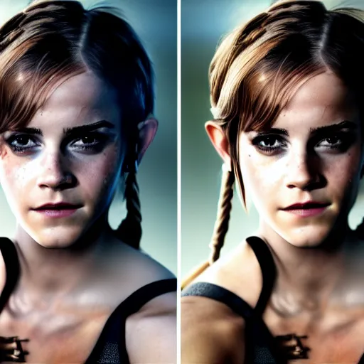 Prompt: Emma Watson modeling as Lara Croft from Zelda, (EOS 5DS R, ISO100, f/8, 1/125, 84mm, postprocessed, crisp face, facial features)