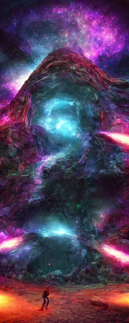 Image similar to tunnel portal made of stars space, cosmic eye, nebulas stars dmt psychedelic cosmos, cosmic, hallucination, night sky cluster milky way constellations, 8 k, artstation, unreal engine, octane render, hdr, surrealistic, glow, photorealistic, volumetric lighting, dreamy, dynamic, mystical