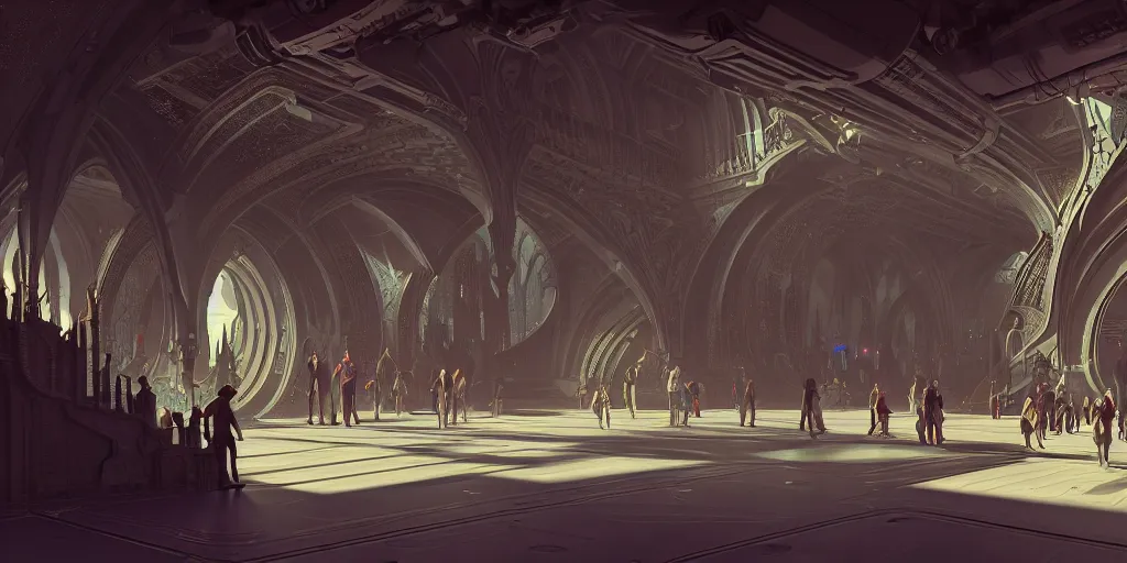 Image similar to cel shaded cinematic shot of the interior of a sci-fi space station with ornate Elven architecture bustling with people and flying cars, epic castle, gothic architecture, emerald, crystalline, detailed illustration, sharp focus, concept art, unreal engine, octane render, god rays
