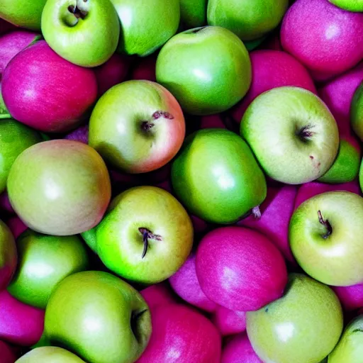 Image similar to one green apple in the middle of a bunch of pink lemons