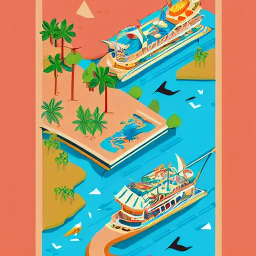 Prompt: isometric aerial view of the jungle cruise riverboat in a river, colorful, flat style, nautical navigation map, minimalist modern illustration ink drawing retro poster art