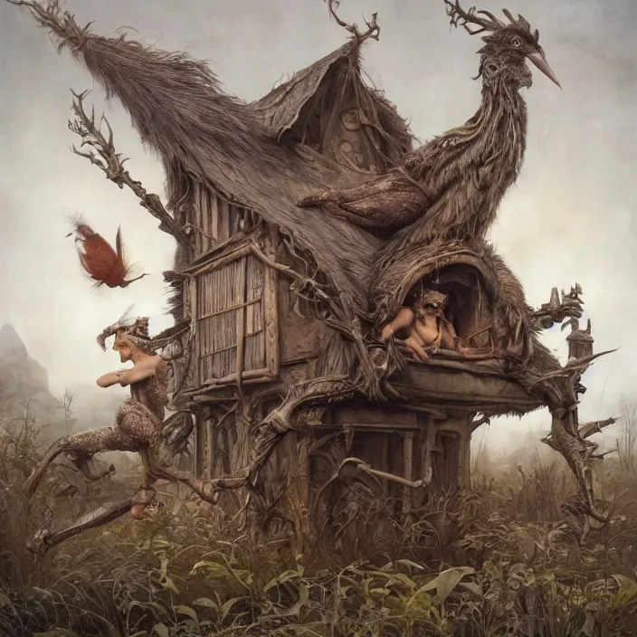 Image similar to a photograph of old hut hybrid with giant hen legs. by tom bagshaw, donato giancola, hans holbein, walton ford, gaston bussiere, brian froud, peter mohrbacher and magali villeneuve. 8 k, cgsociety