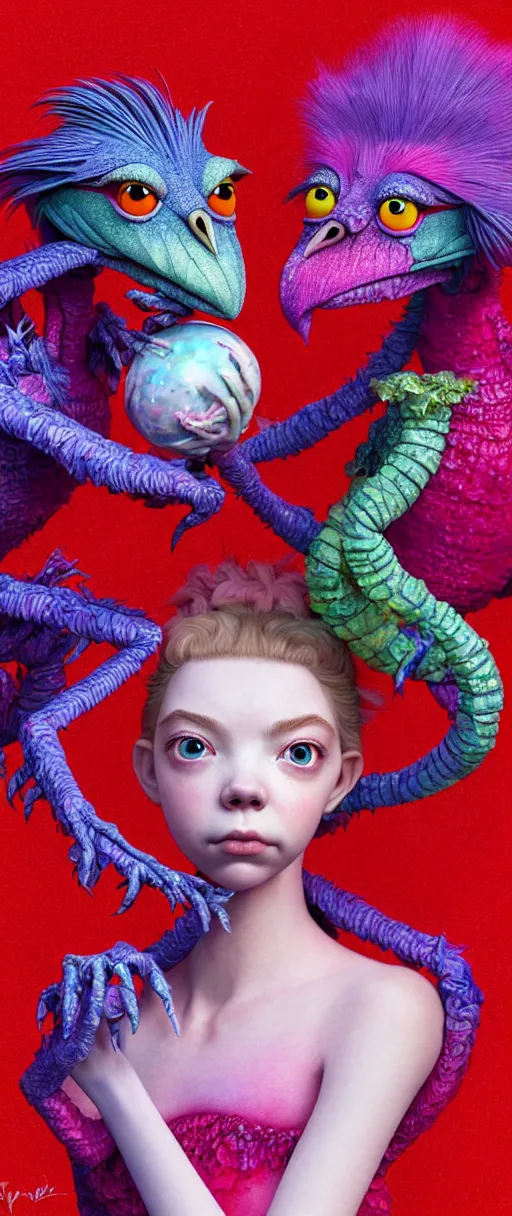 Image similar to hyper detailed 3d render like a Oil painting - kawaii portrait of two Aurora (a beautiful skeksis muppet fae princess protective playful expressive eyes from dark crystal that looks like Anya Taylor-Joy) seen red carpet photoshoot in UVIVF posing in scaly dress to Eat of the Strangling network of yellowcake aerochrome and milky Fruit and His delicate Hands hold of gossamer polyp blossoms bring iridescent fungal flowers whose spores black the foolish stars by Jacek Yerka, Ilya Kuvshinov, Mariusz Lewandowski, Houdini algorithmic generative render, Abstract brush strokes, Masterpiece, Edward Hopper and James Gilleard, Zdzislaw Beksinski, Mark Ryden, Wolfgang Lettl, hints of Yayoi Kasuma and Dr. Seuss, octane render, 8k