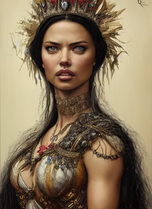 Prompt: portrait of adriana lima as queen in intricate dress, fantasy, artstation, by roberto ferri, fantasy, witcher, very detailed oil painting, masterpiece, 8 k