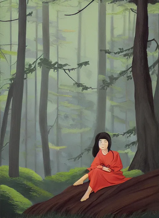 Prompt: a painting of a woman sitting in a tall forest, painting by will barnet, artstation contest winner, matte painting, 2 d game art