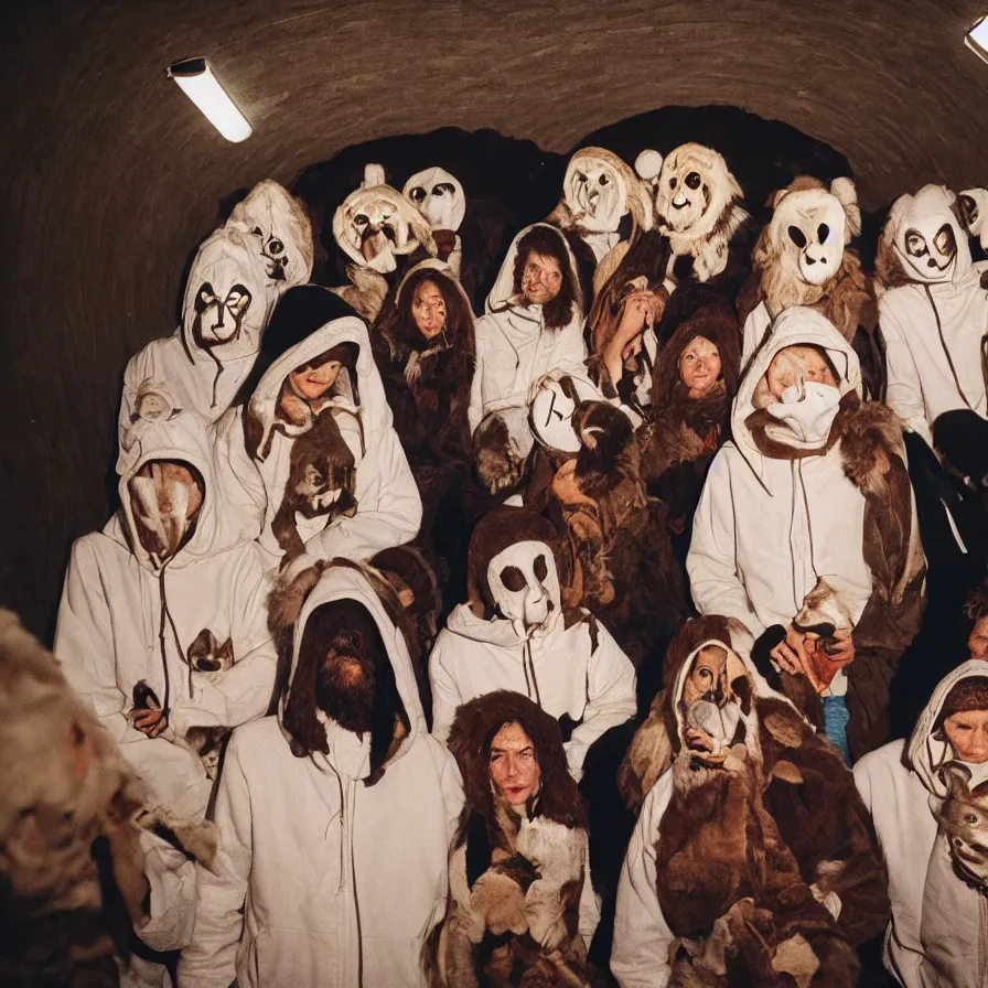 Image similar to cult members with taxidermic moth masks and black peak hood in a spiral tunnel, cinestill 8 0 0 t 3 5 mm, heavy grain, high quality, high detail