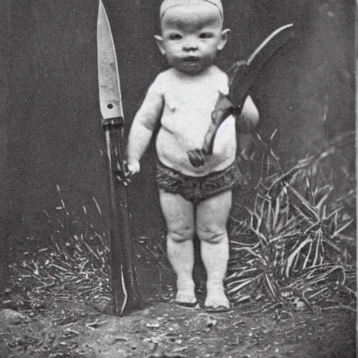 Image similar to a photograph of a baby with a machete taken in 1 8 9 0