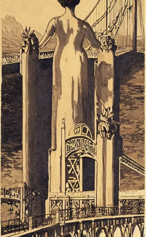 Image similar to art nouveau! style, woman overlooking, golden gate bridge! first pillar!!! in the background, early 1 9 0 0 s!!