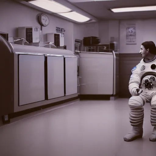 Prompt: a beautiful photo of an astronaut waiting in a laundromat, 1970', soft light, morning light, photorealistic, realistic, octane, 8k, cinematic shot