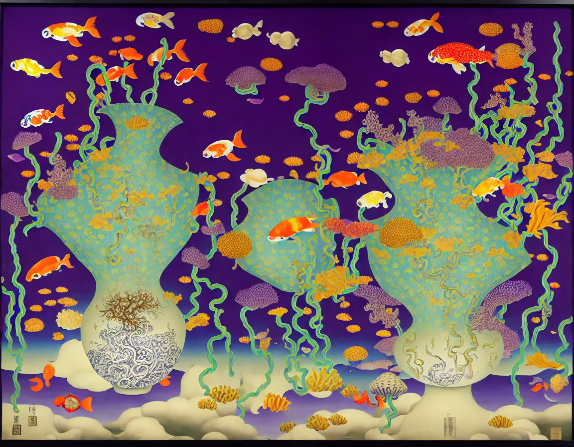 Prompt: vase of mushroom in the sky and under the sea decorated with a dense field of stylized scrolls that have opaque purple outlines, with koi fishes and electrifying eels, ambrosius benson, kerry james marshall, afrofuturism, oil on canvas, history painting, hyperrealism, award winning, light color, no hard shadow, around the edges there are no objects