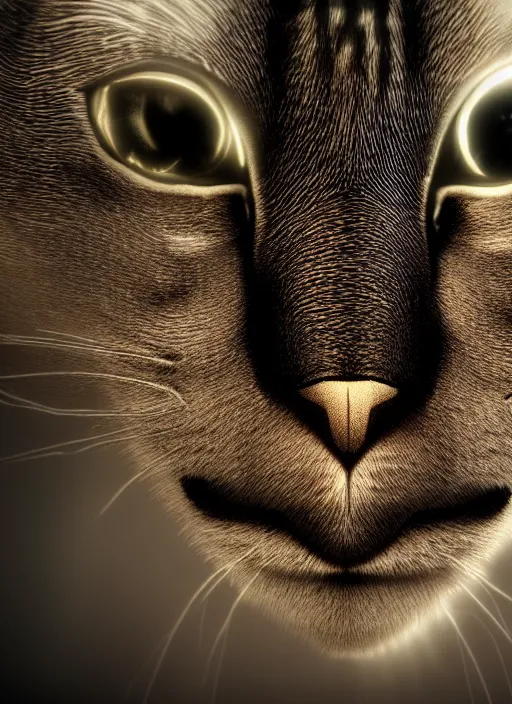 Image similar to 35mm portrait of a sophisticated intricate terminator feline cat head. Fantasy cyberpunk. Sharp. Unreal Engine. Cinematic post-processing