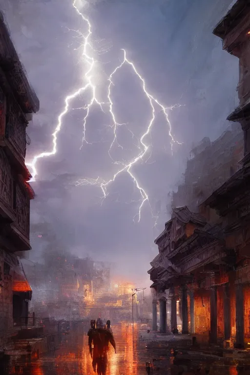 Prompt: ancient city of troy under a sky full of lightning, powerfull, intricate, elegant, volumetric lighting, digital painting, highly detailed, artstation, sharp focus, illustration, concept art, ruan jia, steve mccurry