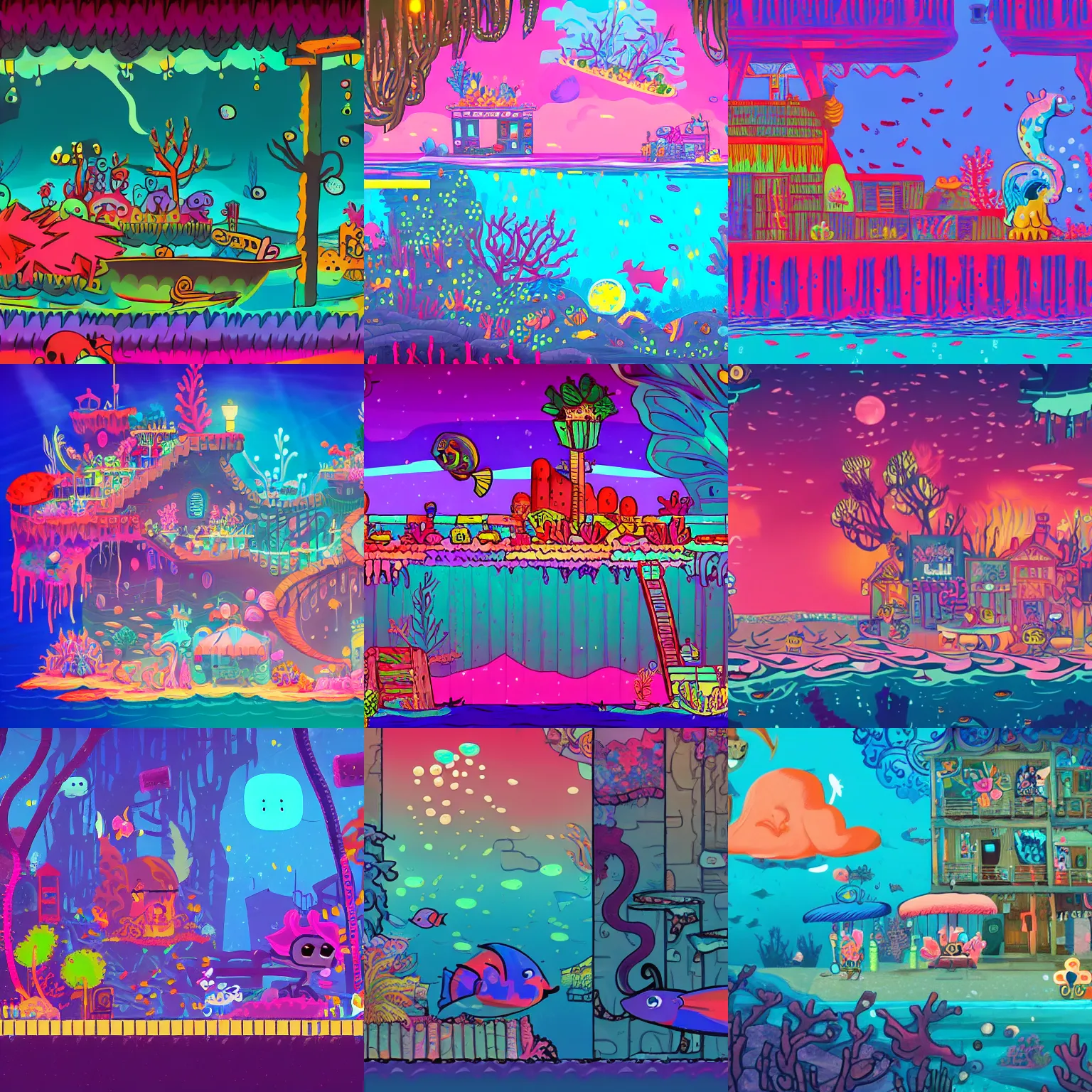 Prompt: a dreary side scrolling apocalyptic lisa frank underwater crowded seaside town covered in coral and fish in the style of night in the woods the video game