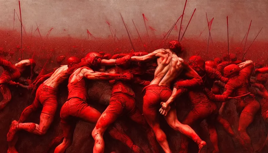 Image similar to only with red, bloody armored gladiator battle in a crowded roman amphitheatre, crowd cheering, in the style of beksinski and edward hopper and rodcenko and yue minjun and greg rutkowski, intricate and epic composition, red by caravaggio, highly detailed, masterpiece, red light, artstation, art nouveau