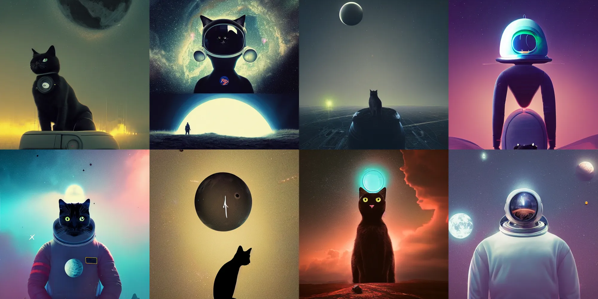 Image similar to beautiful dark landscape, a realistic black cat dressed as an astronaut, in the style of beeple and Mike Winkelmann, intricate, epic lighting, cinematic composition, hyper realistic, 8k resolution,